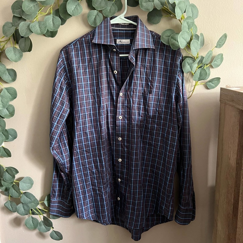 PETER MILLAR Silk Blend Plaid Button Up Dress Shirt Size Medium workwear office